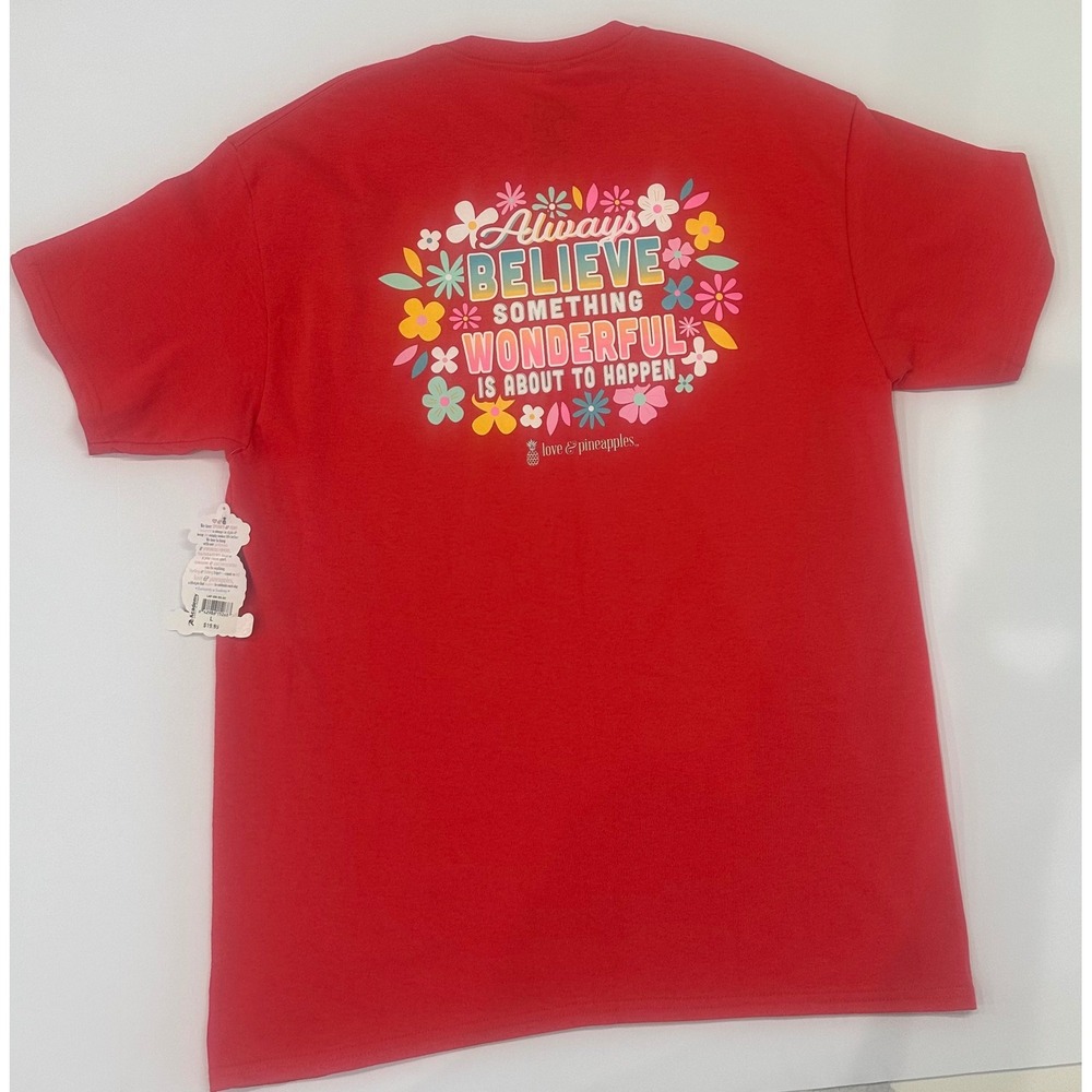 Love & Pineapples Womens Red Graphic T-Shirt Always Believe Floral Cotton Large